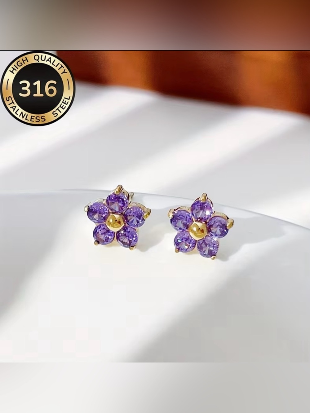 NEW! Elegant Gold-Plated Flower Stud Earrings with Purple Gem Petals 🌸 A6-190